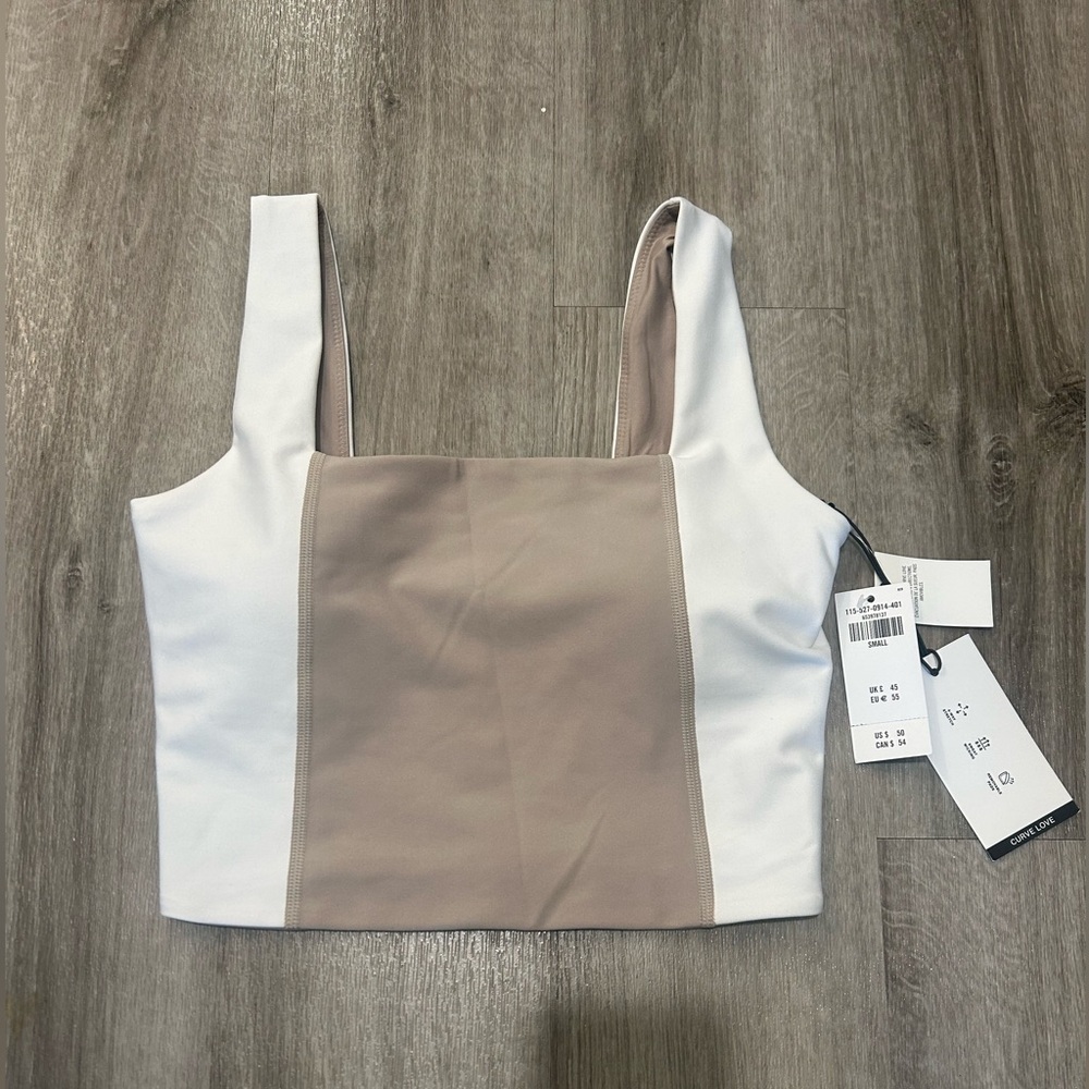 NWT (S) YPB sculptLUX Curve Love Squareneck Slim Tank Sand Colorblock Crop Bra